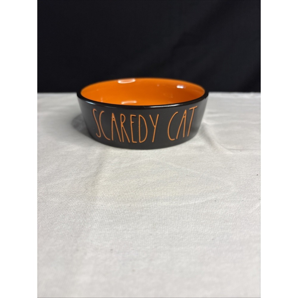 Rae Dunn Scaredy Cat Black Orange Pet Food Bowl Dish Halloween Ceramic 4x2